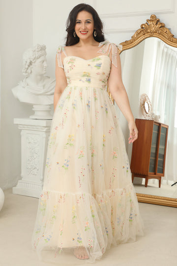 plus size champagne lang ballkjole med broderi